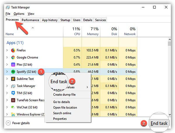 detener spotify en administrador de tareas en windows