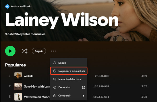 interfaz de bloquear artista en spotify