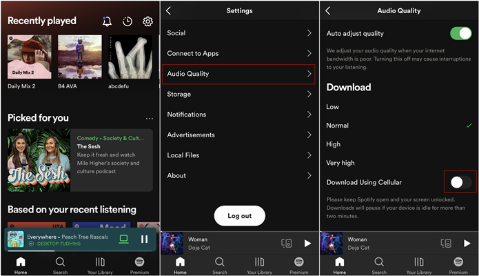 activar descargar con datos moviles en spotify