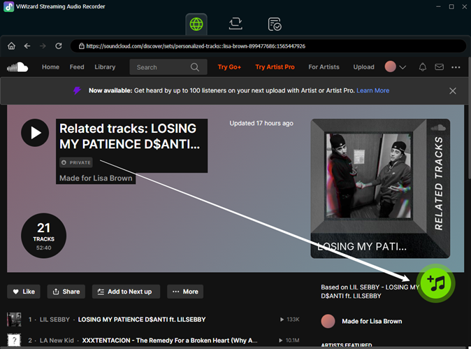 añadir playlists de soundcloud a lista de conversión
