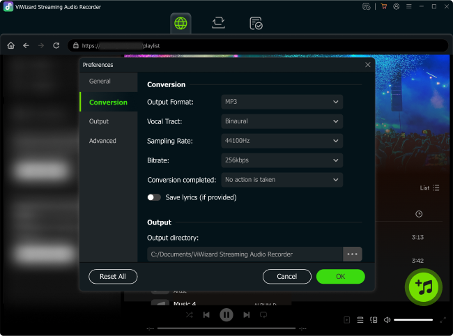 elegir formato de audio de salida